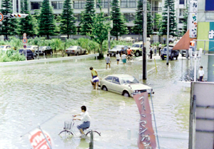 河川があふれ市街は浸水被害に見舞われた（埼玉県草加市松原）